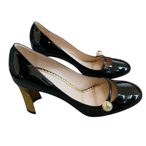 Gucci Vernice Pearl Arielle Mary Jane Pumps US 9.5 EU 39.5 Black Leather NEW - Picture 2 of 15